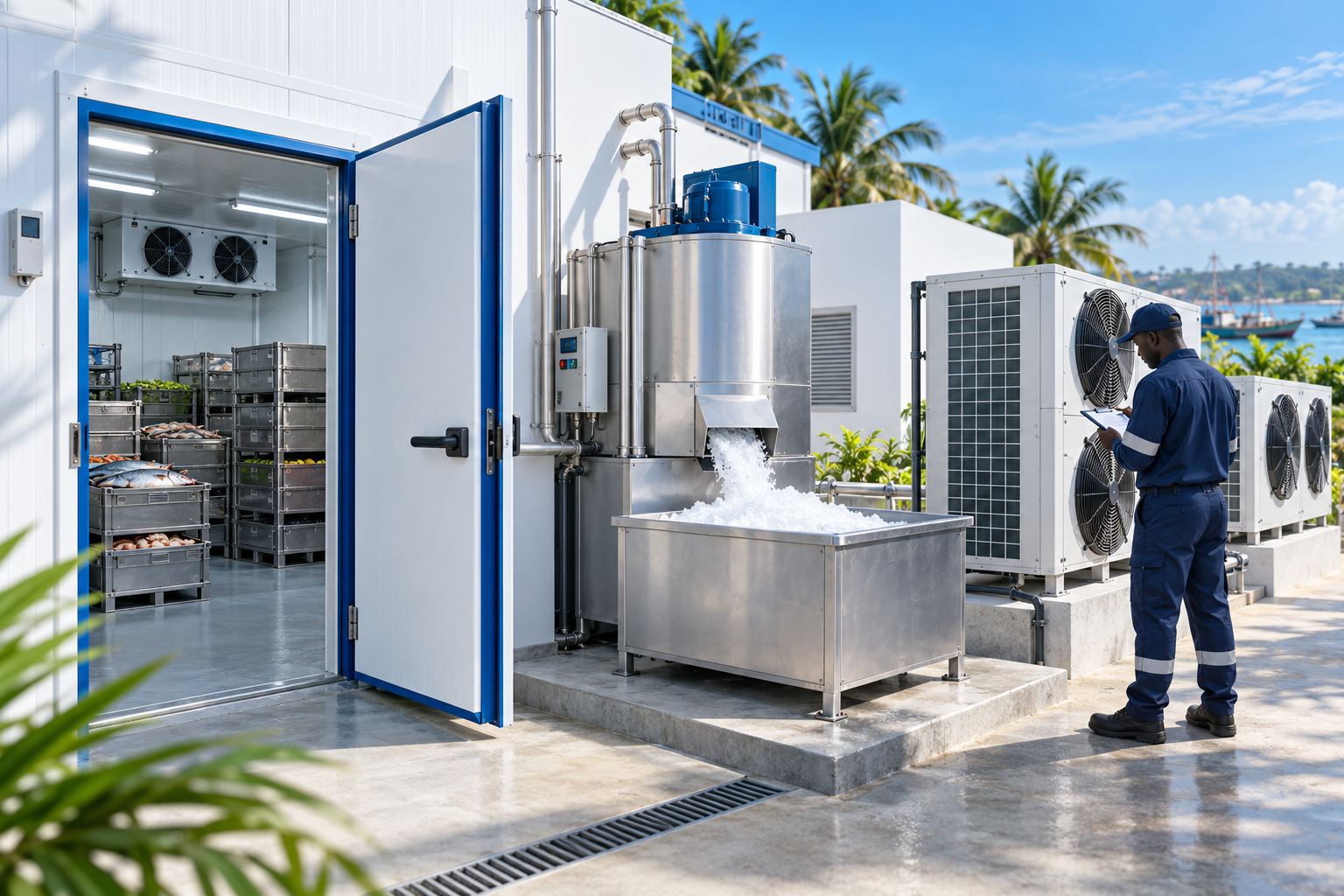 Concept of cold storage, ice production and refrigeration maintenance